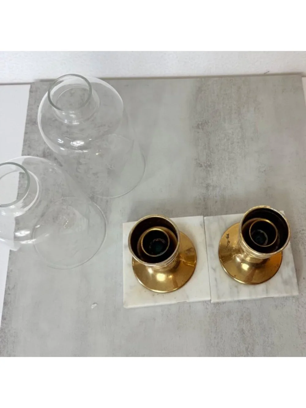 Vintage Italian Hurricane Candle Holder Set of 2 Brass Marble Etched Glass Pair